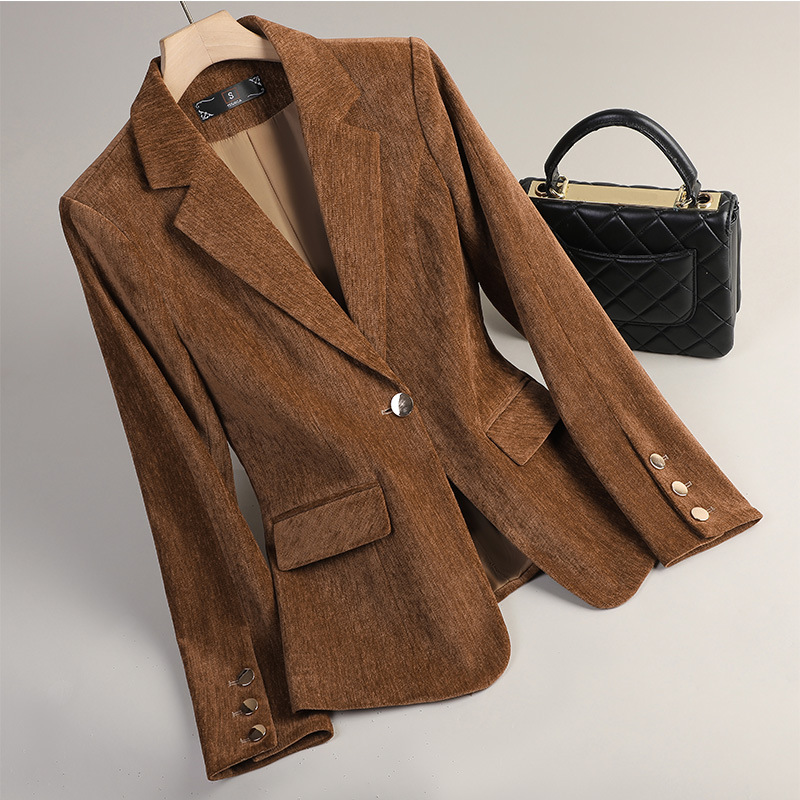 Women Formal Wear Blazers - Sarı Altın Kadife Blazer Kadın Sonbahar