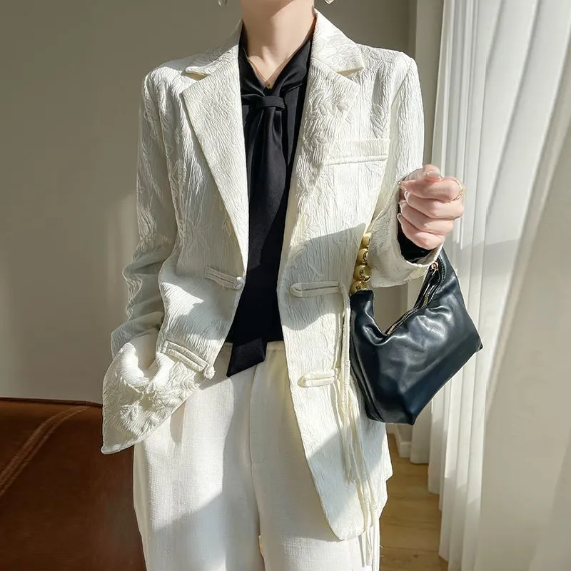 Women Formal Wear Blazers - Kadın Beyaz Dokulu Blazer Ceket Çentikli