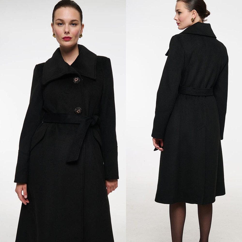 Women'S Formal Wear Plus Size - Vintage Siyah Dik Yaka Kadın Yünlü